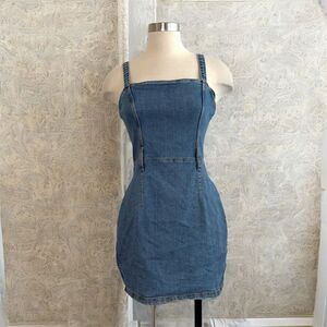 H&M Denim Jean Dress Mini Jumper Overall Square Neck Small